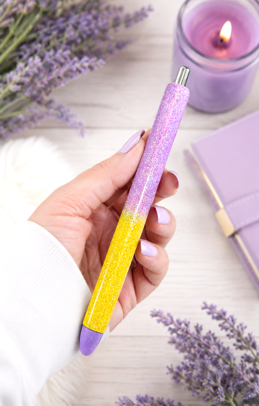 Handmade Yellow and Lavender ombre glitter pen with free refill
