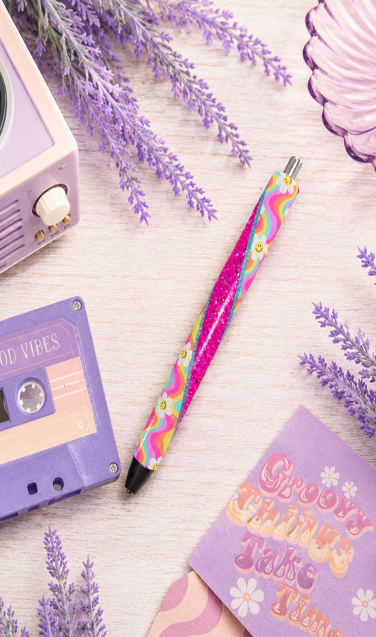 Handmade Retro Smiley Faces on Hot Pink glitter pen with free refill