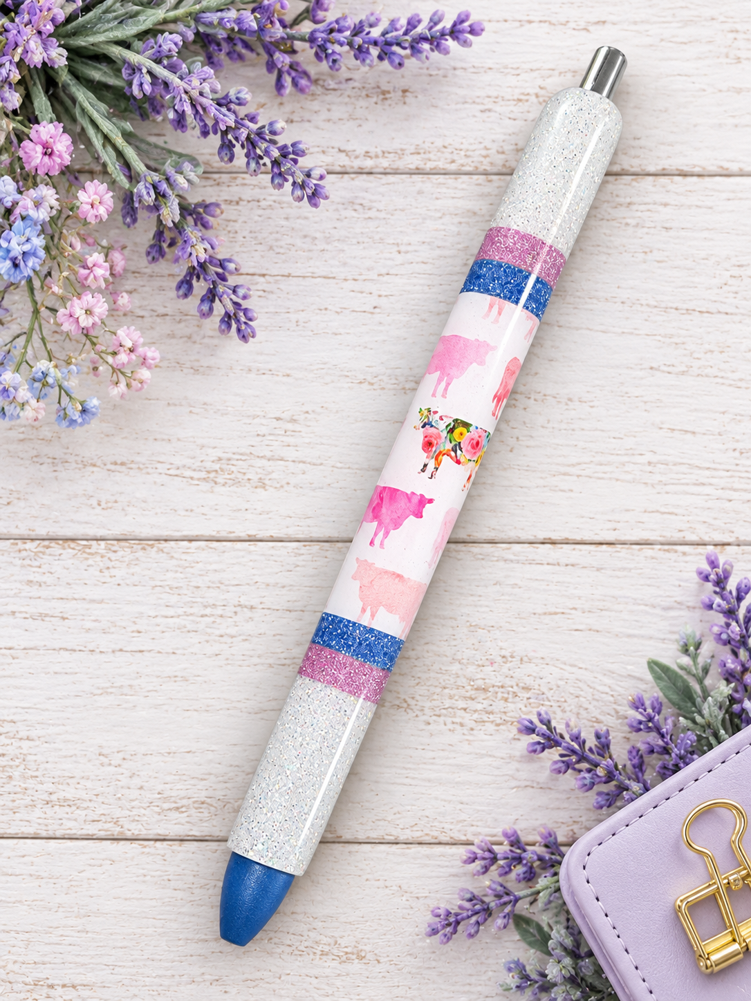 Handmade Pretty Pink Cows glitter pen with free refill 1