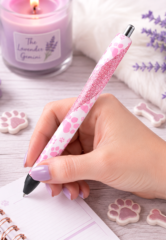 Handmade Dog Paws on Pink glitter pen with free refill