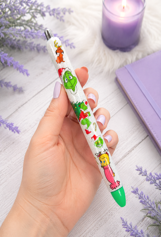 Handmade Grinch and Friends wrap glitter pen with free refill