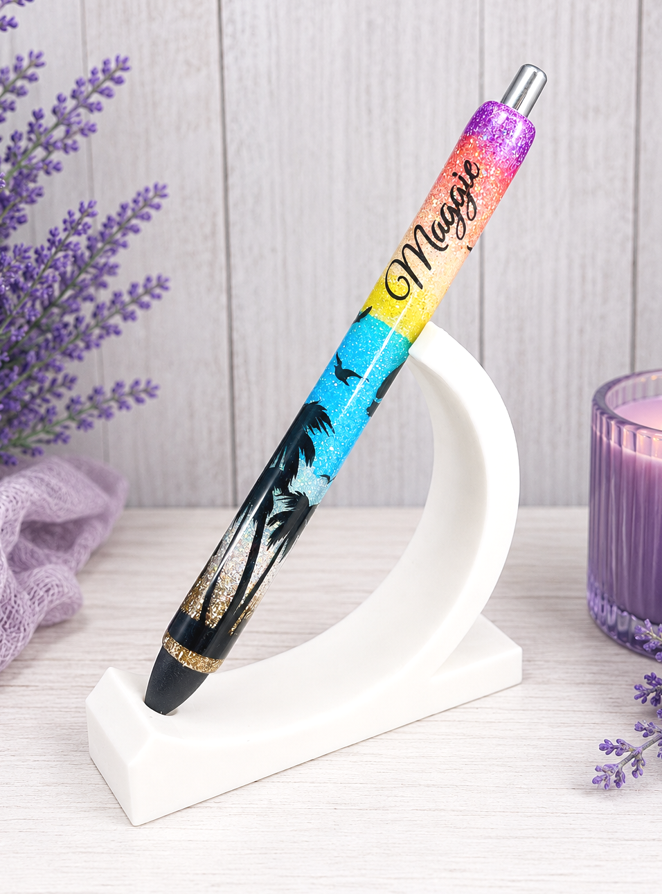 Custom Order Handmade Beach Sunset Scene Glitter Pen with free refill
