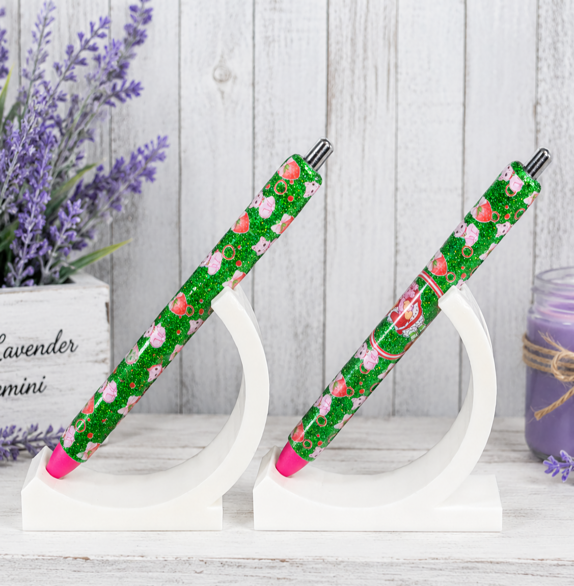 Handmade Strawberry Shortcake on green glitter pen with free refill