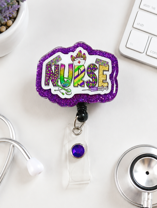 Handmade Mardi Gras Nurse Badge Reel 2