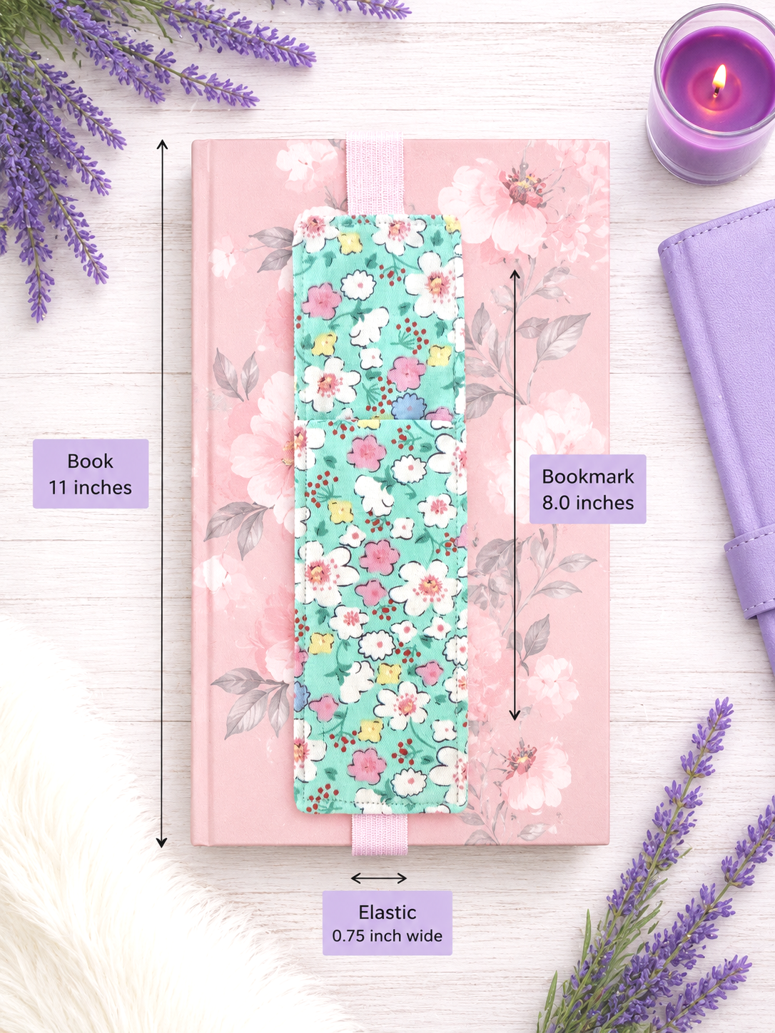 Handsewn Flowers on Aqua Fabric Bookmark with Accessory Pocket
