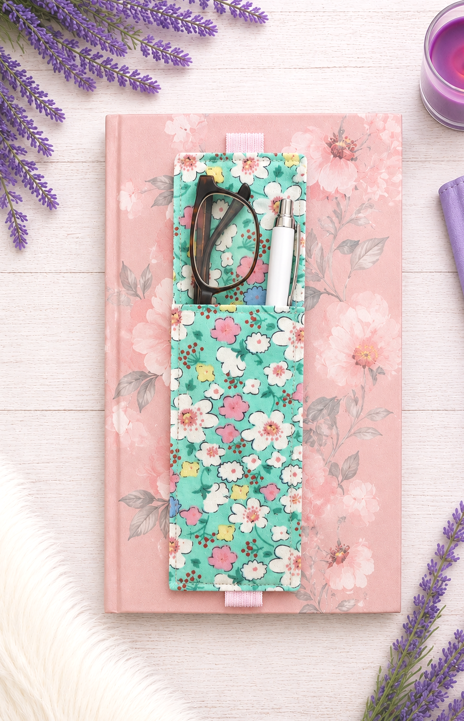 Handsewn Flowers on Aqua Fabric Bookmark with Accessory Pocket