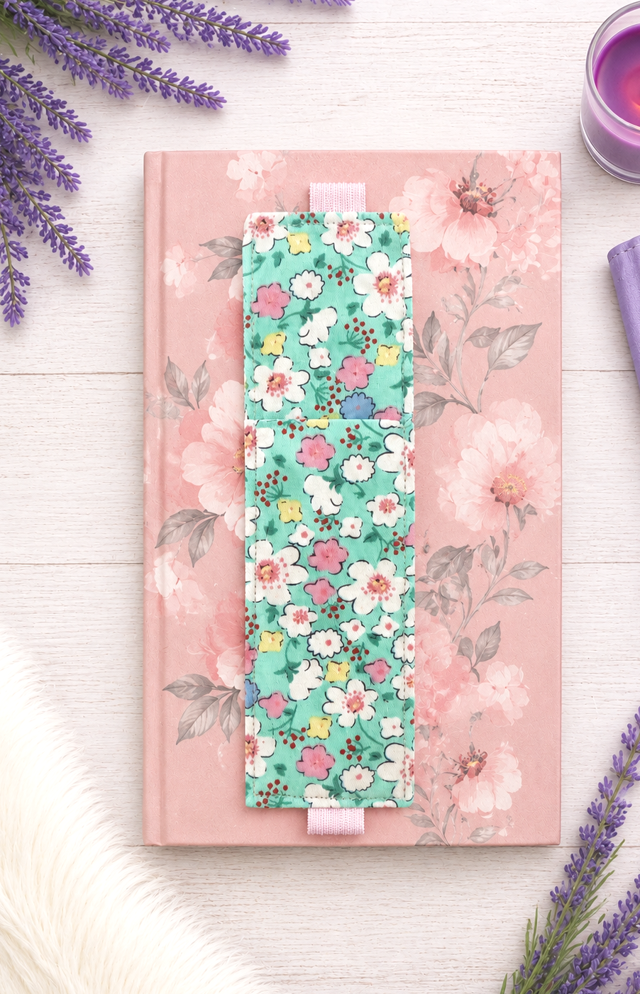Handsewn Flowers on Aqua Fabric Bookmark with Accessory Pocket