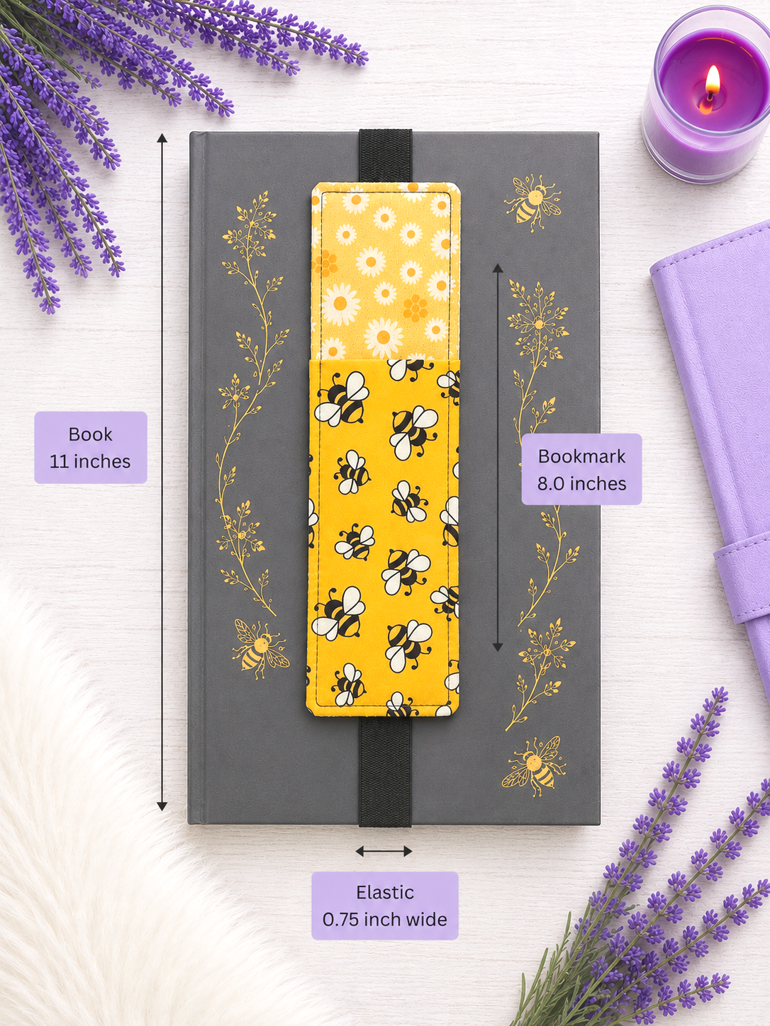 Handsewn Bumble Bees Fabric  Bookmark with Accessory Pocket 4