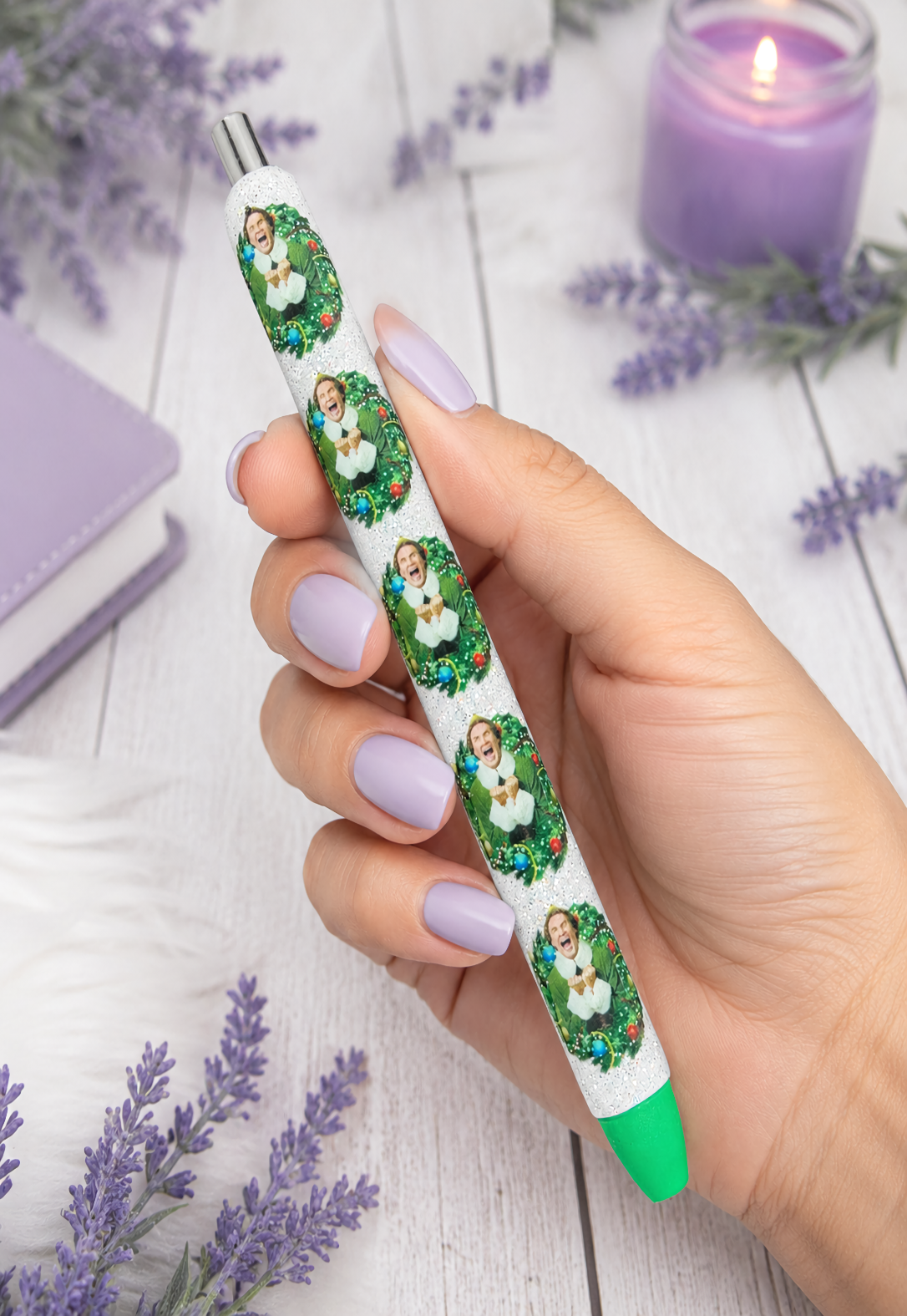 Handmade Elf and Christmas Wreath glitter pen with free refill