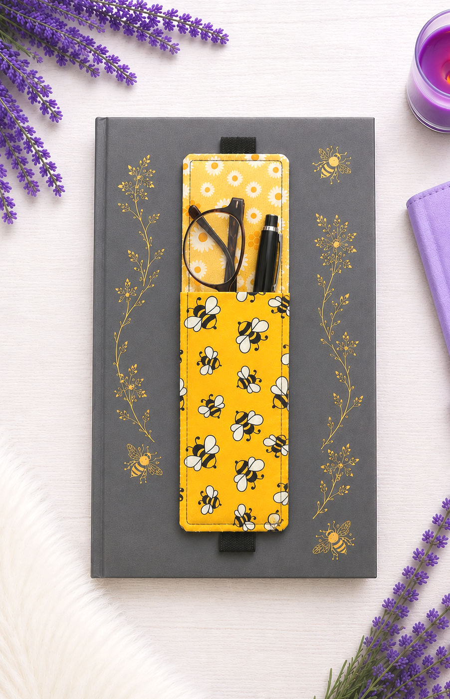 Handsewn Bumble Bees Fabric  Bookmark with Accessory Pocket 4