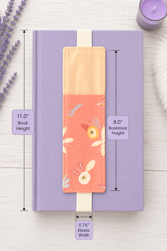 Handsewn Orange Flowers Fabric Bookmark with Accessory Pocket 2