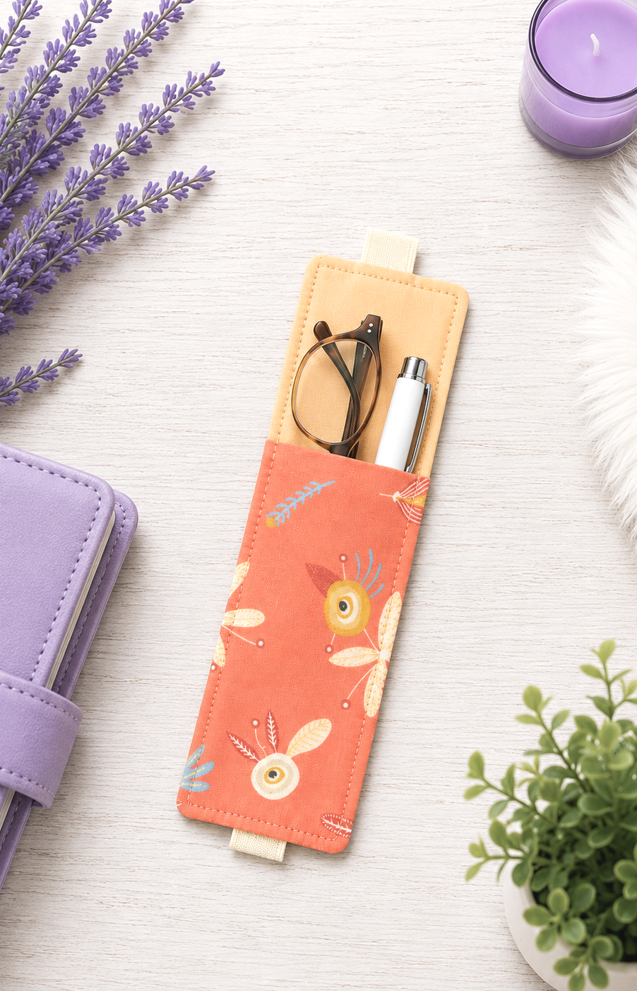 Handsewn Orange Flowers Fabric Bookmark with Accessory Pocket 2