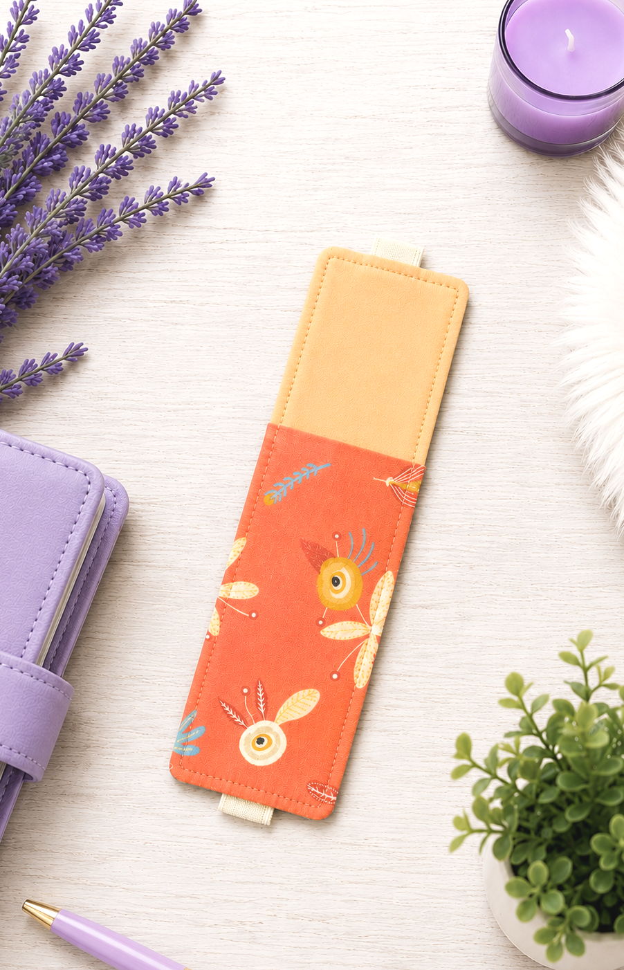 Handsewn Orange Flowers Fabric Bookmark with Accessory Pocket 2