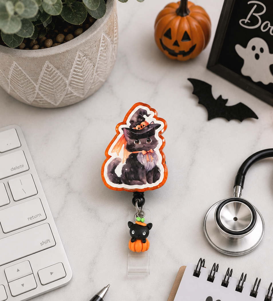 Handmade Black Cat Halloween Badge Reel