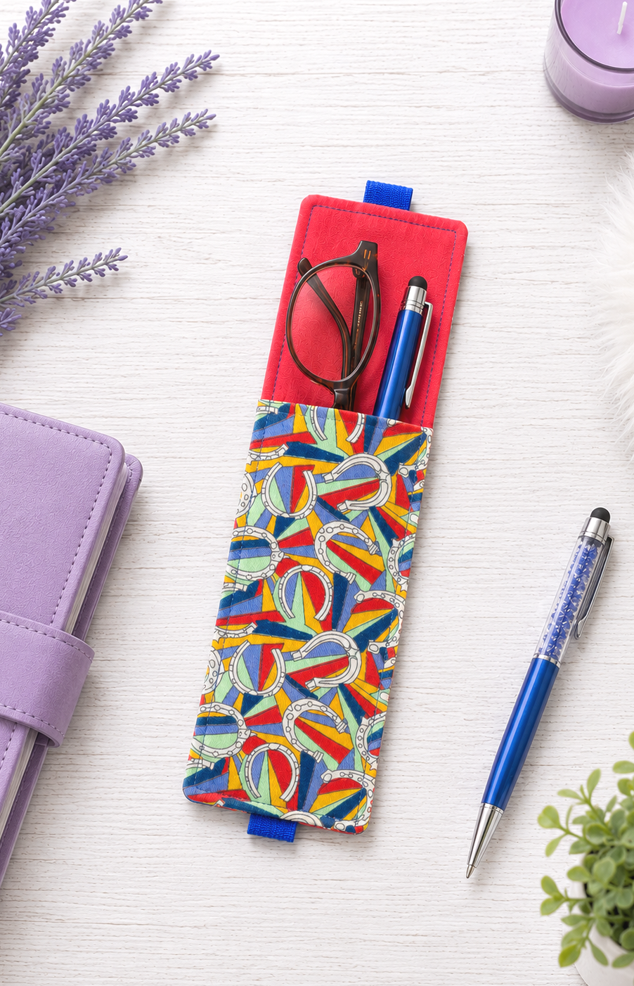 Handsewn Colorful Horseshoes Fabric Bookmark with Accessory Pocket
