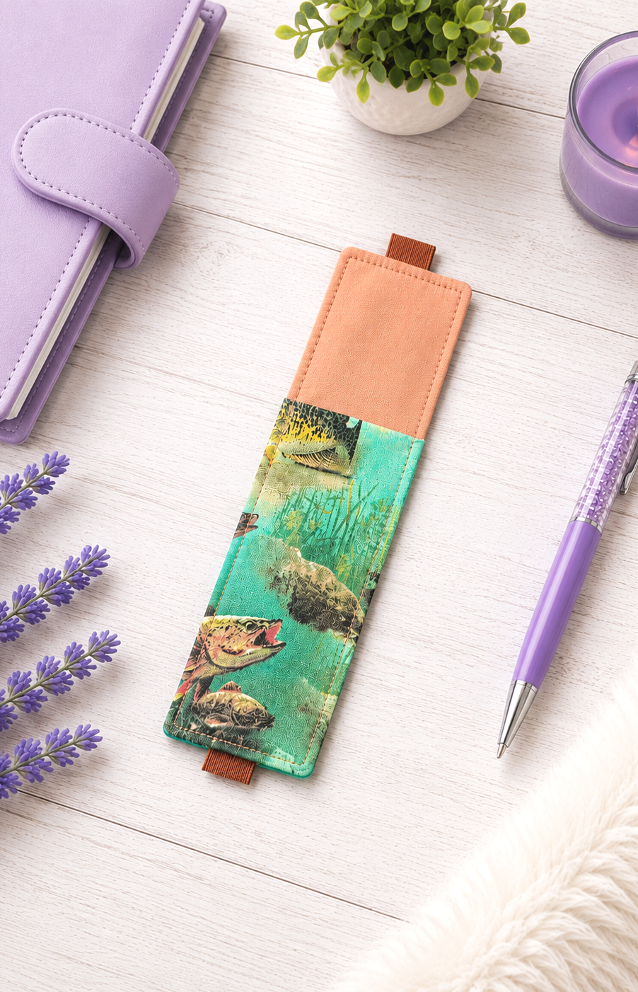 Handsewn Fishing Themed Fabric Bookmark with Accessory Pocket