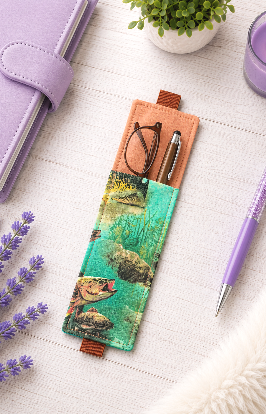 Handsewn Fishing Themed Fabric Bookmark with Accessory Pocket