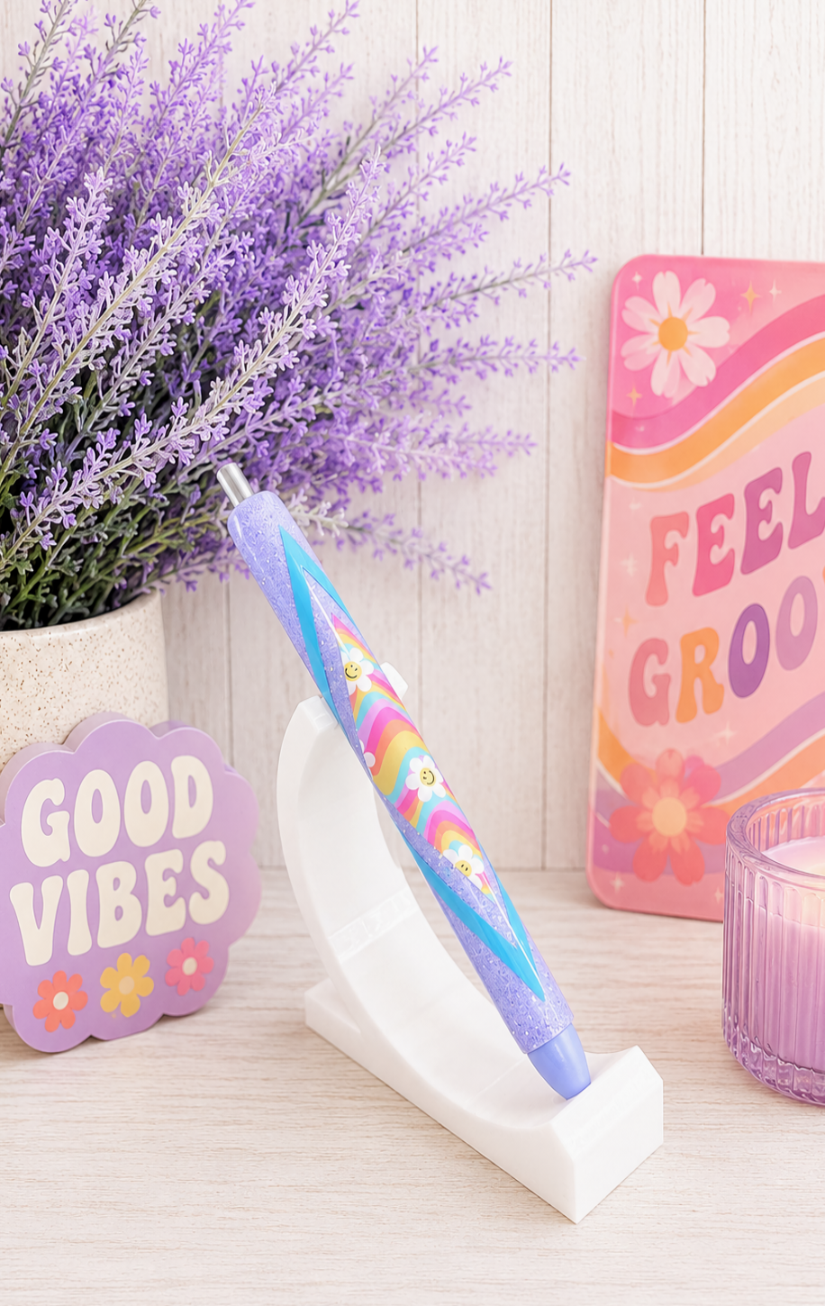Handmade Retro Smiley Faces on Purple glitter pen with free refill