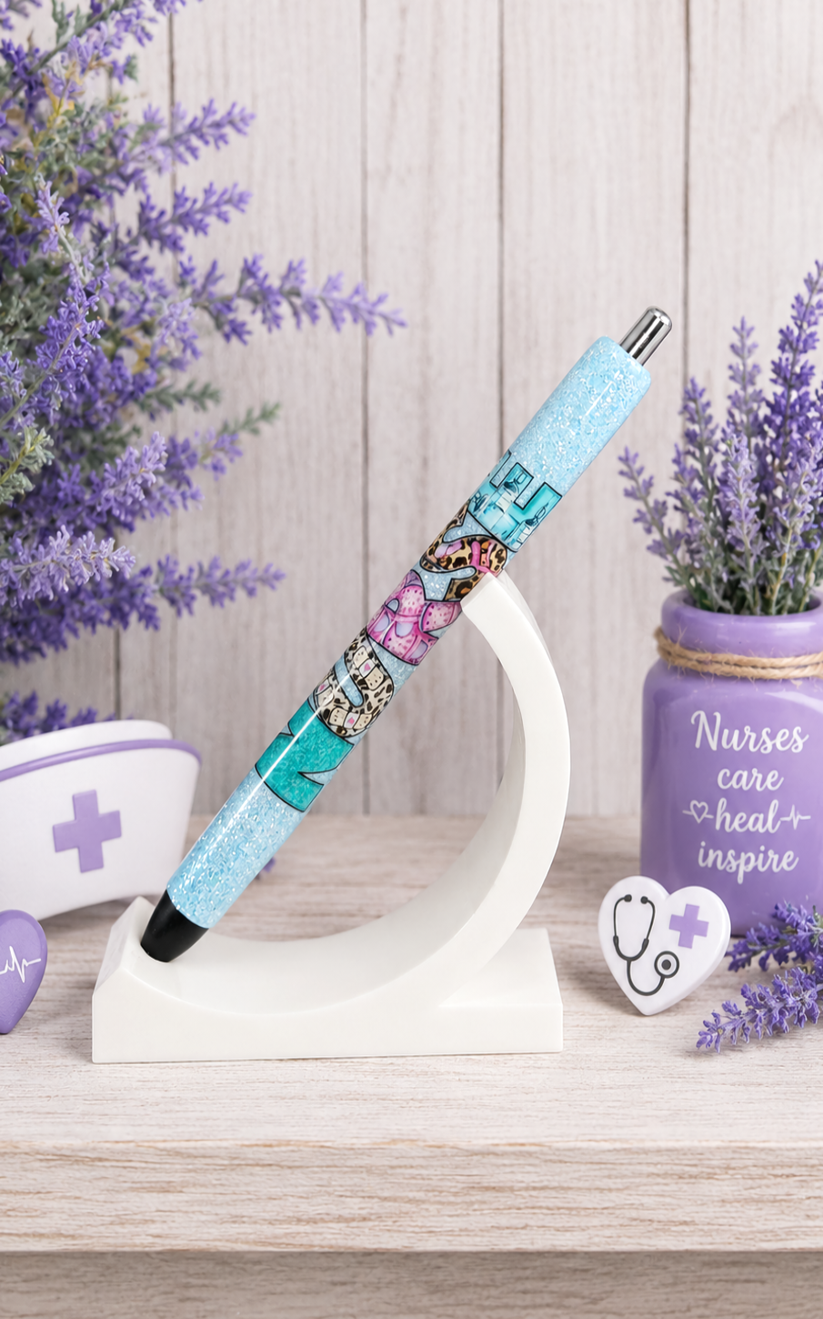 Handmade Nurse on blue glitter pen with free refill 2