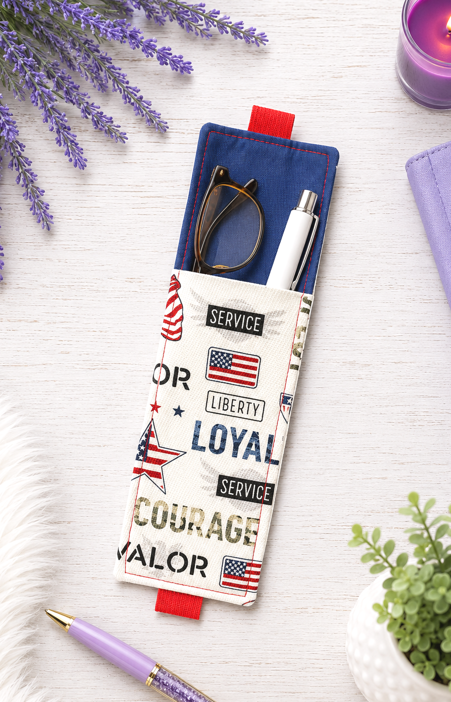 Handsewn Military Patriotic Fabric Bookmark with Accessory Pocket