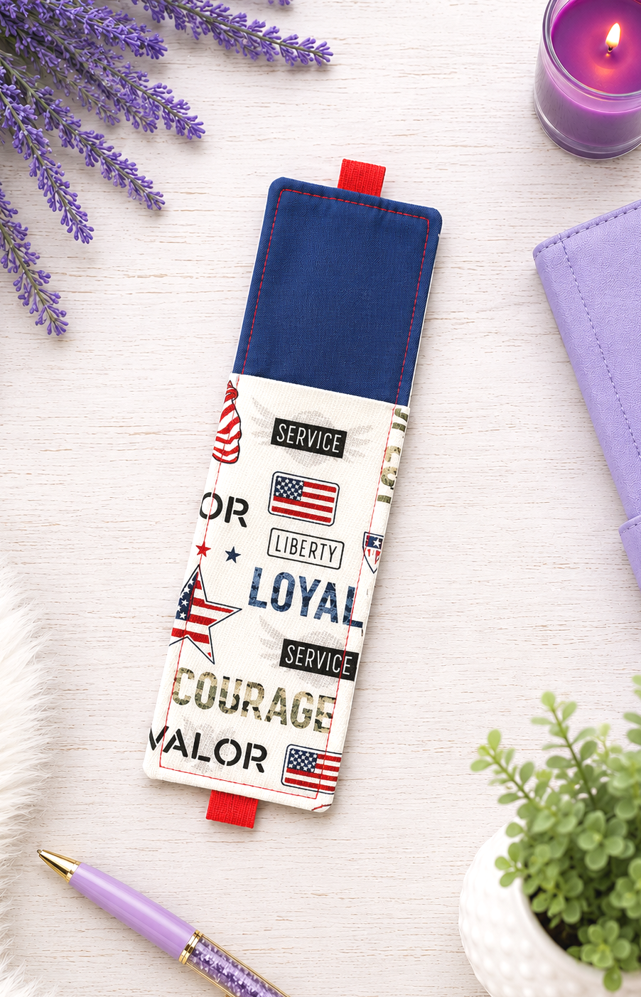 Handsewn Military Patriotic Fabric Bookmark with Accessory Pocket