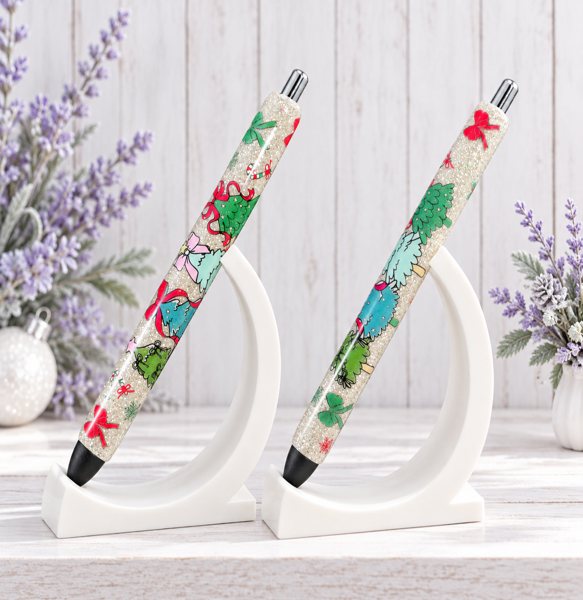 Handmade Christmas Trees on Platinum glitter pen with free refill