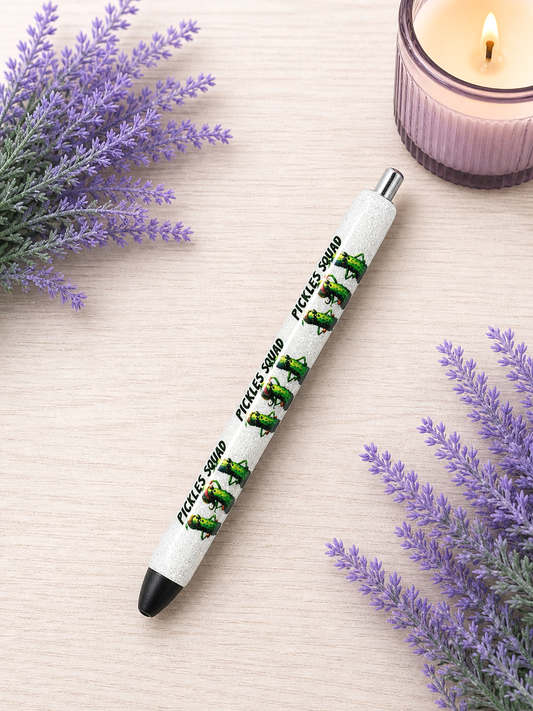 Handmade Pickle Squad glitter pen with free refill