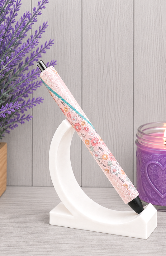 Handmade Nurse vinyl with flowers glitter pen with free refill