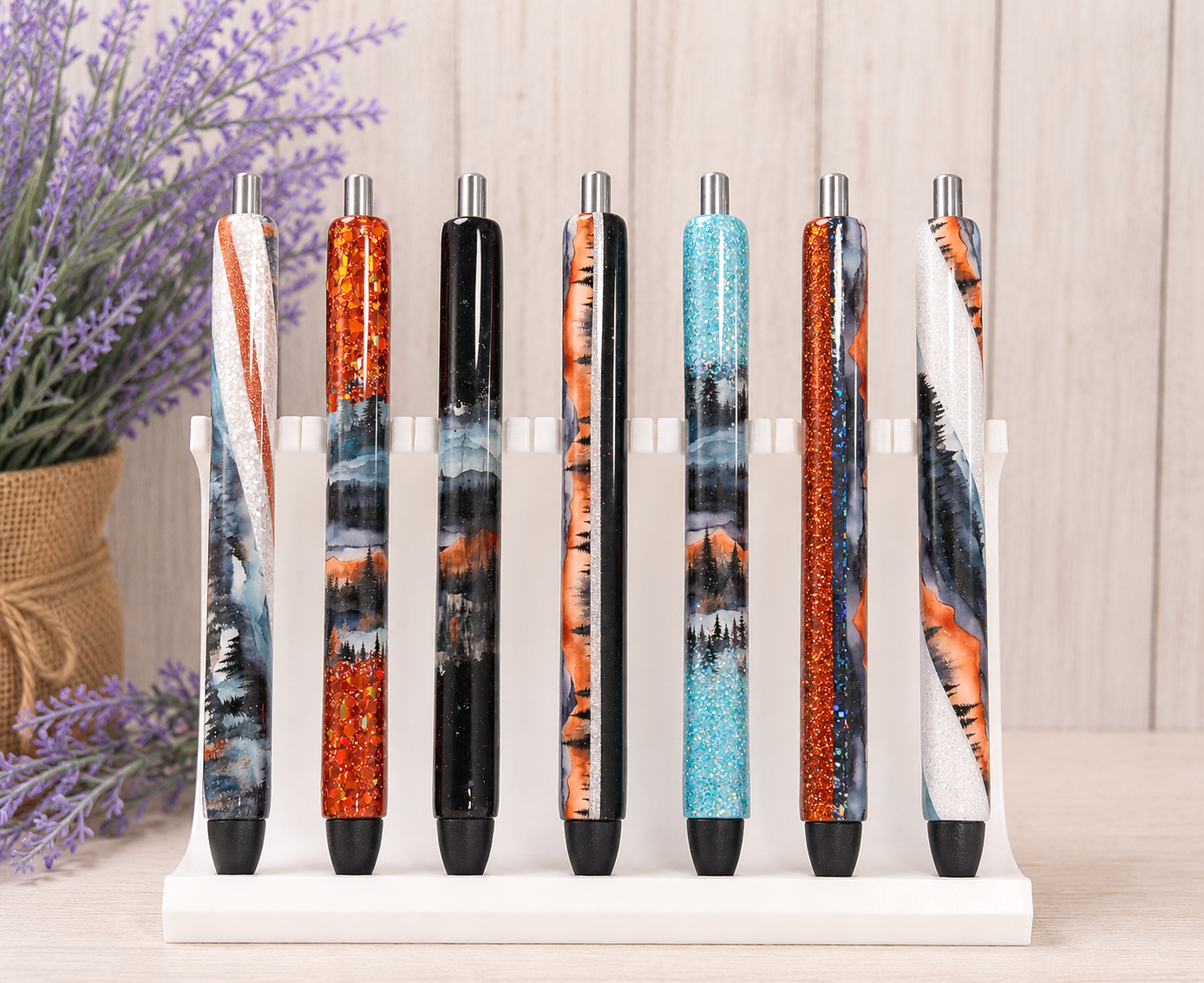 Handmade Twilight Mountain Scape on black glitter pen with free refill