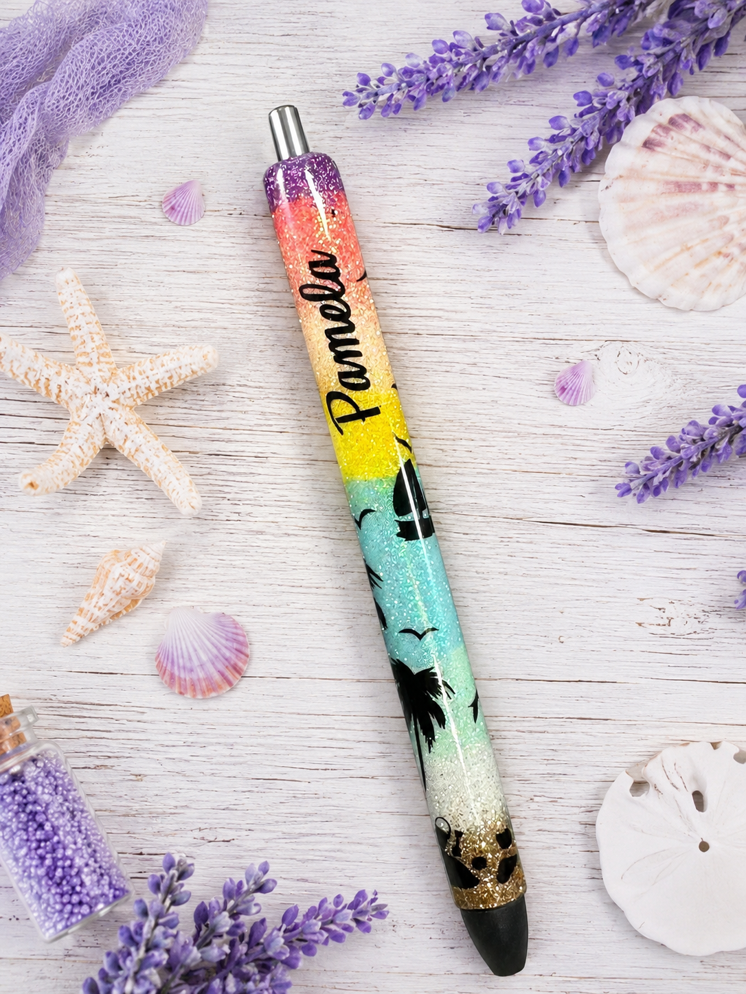 Custom Order Handmade Beach Sunset Scene Glitter Pen with free refill