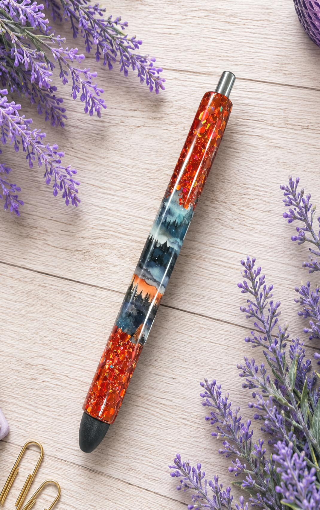 Handmade Orange Peek a Boo Twilight Mountain Scape glitter pen with free refill
