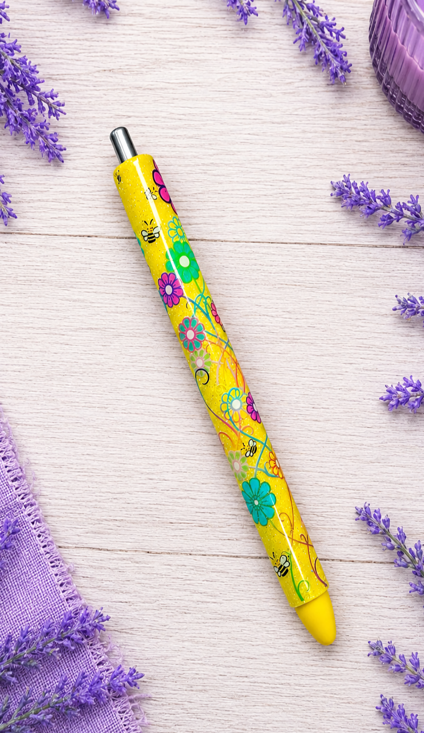 Handmade Flowers and Bees on yellow glitter pen with free refill