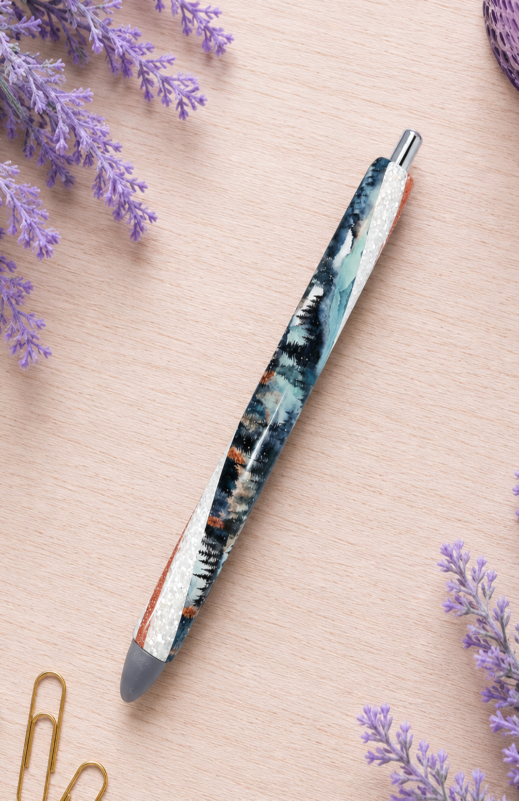 Handmade Twilight Mountain Scape  glitter pen with free refill