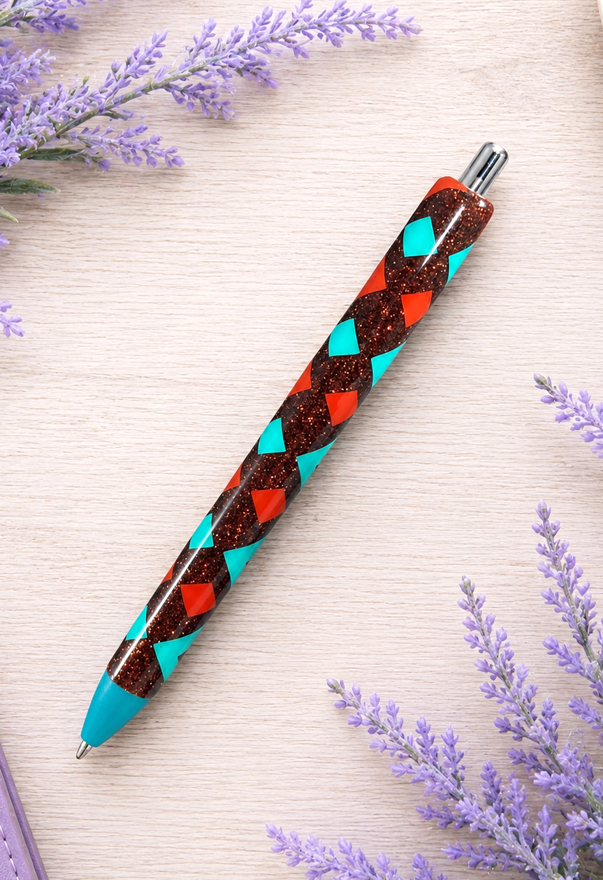Handmade Orange and Turquoise Zig Zag glitter pen with free refill