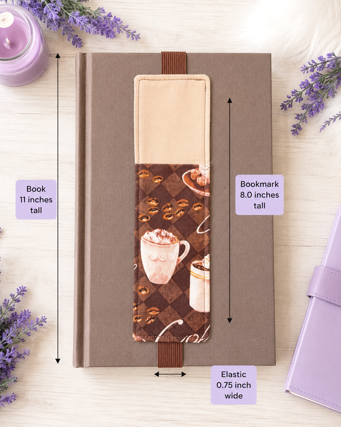 Handsewn Coffee Themed Fabric Bookmark with Accessory Pocket