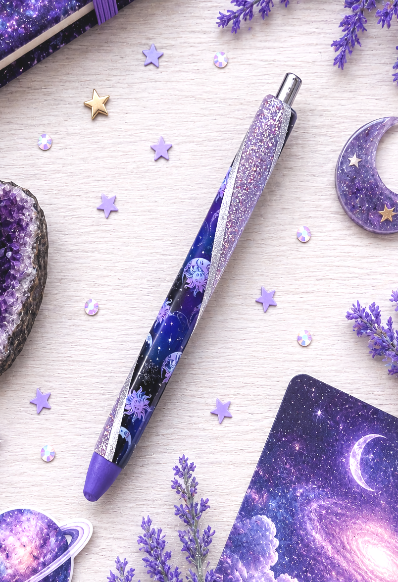 Handmade Moons and Stars  on purple glitter pen with free refill