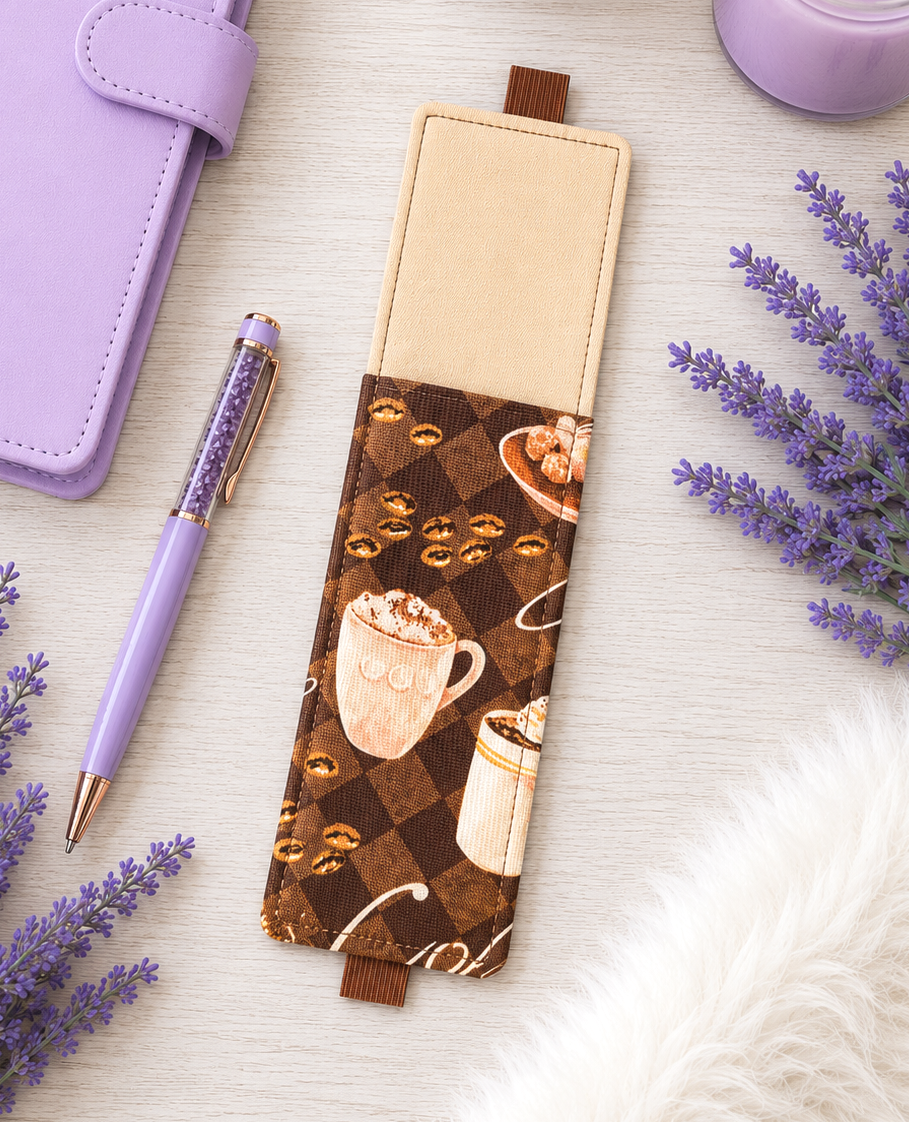 Handsewn Coffee Themed Fabric Bookmark with Accessory Pocket
