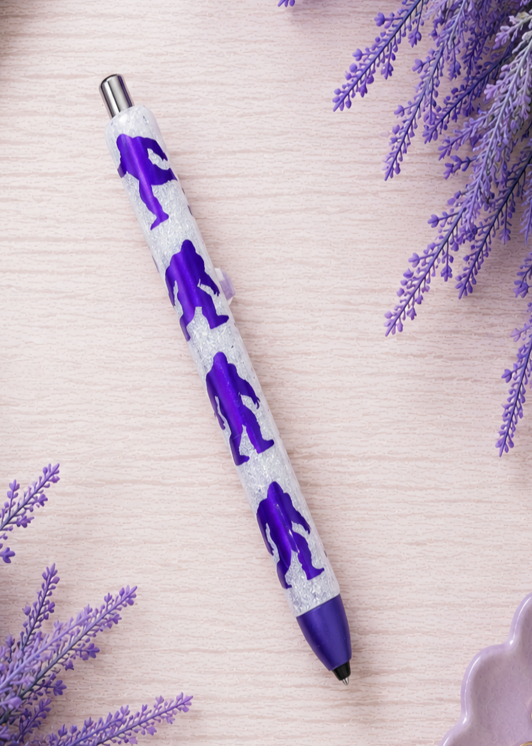 Handmade Purple Bigfoot Sasquatch on white glitter pen with free refill