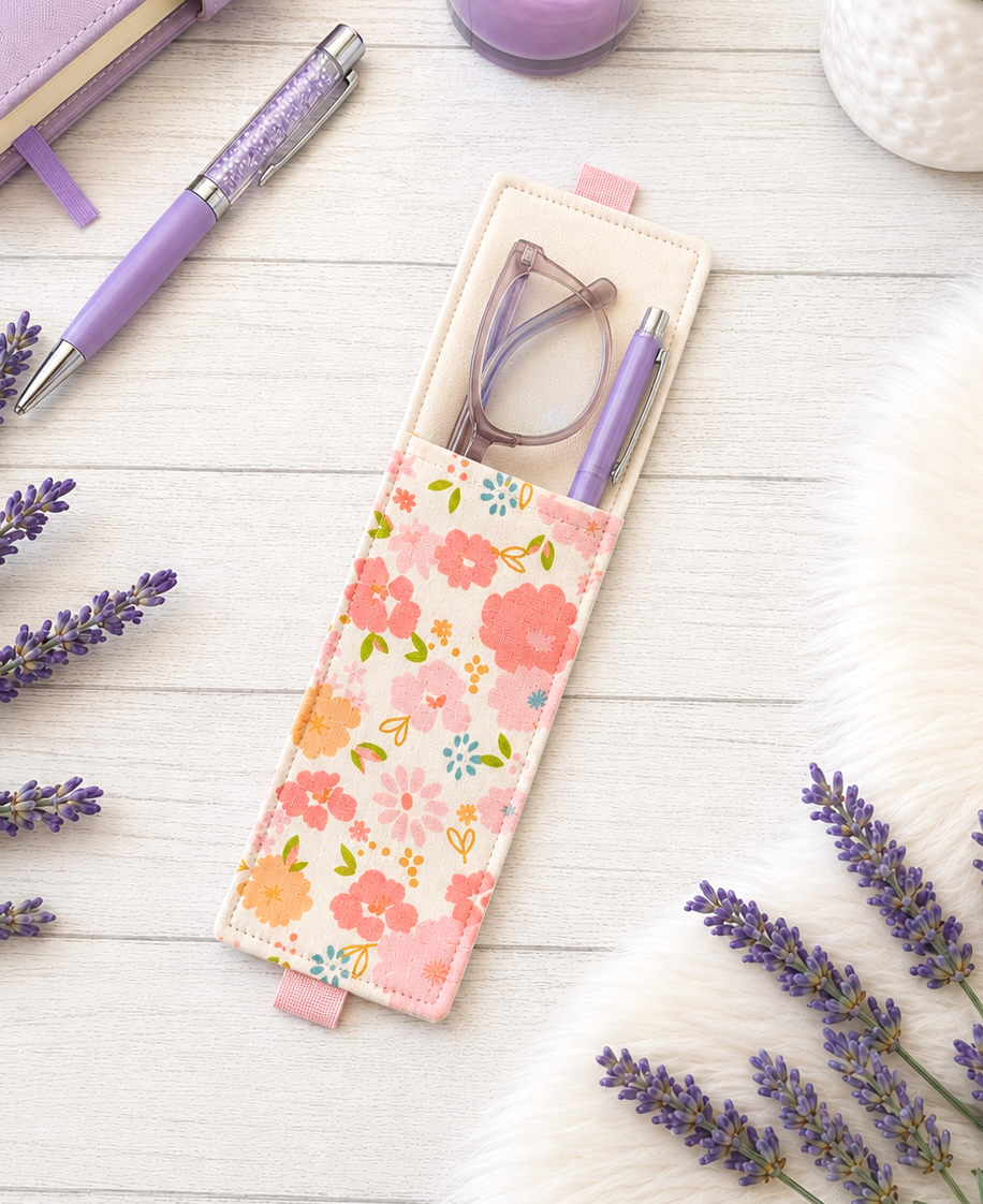 Handsewn Pastel Flowers Fabric Bookmark with Accessory Pocket 2