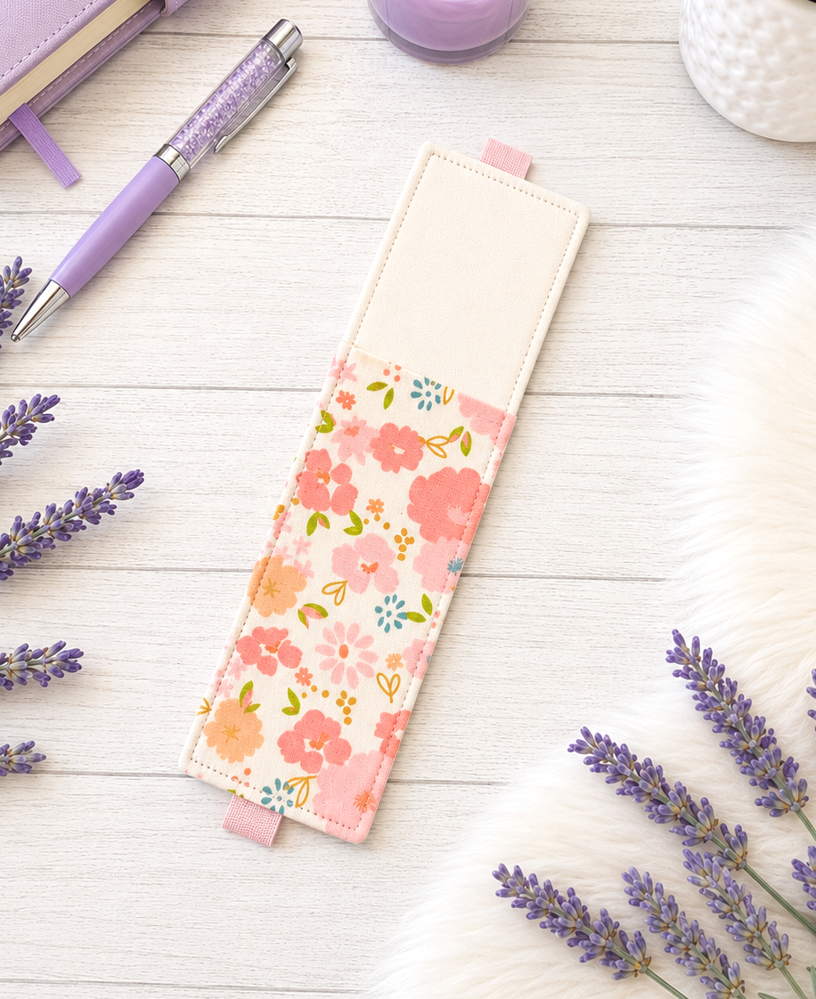 Handsewn Pastel Flowers Fabric Bookmark with Accessory Pocket 2