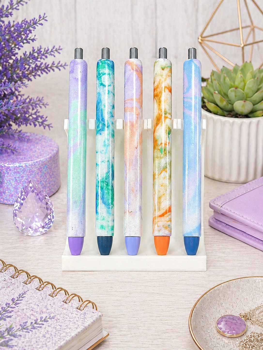 Handmade Lavender and Orange marble glitter pen with free refill