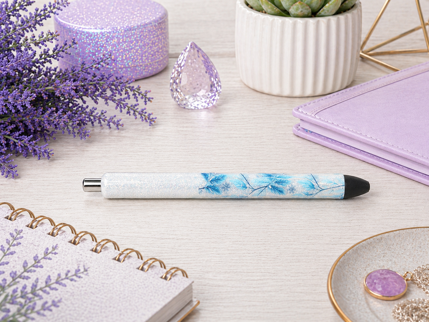Handmade Blue Winter Foliage glitter pen with free refill 1