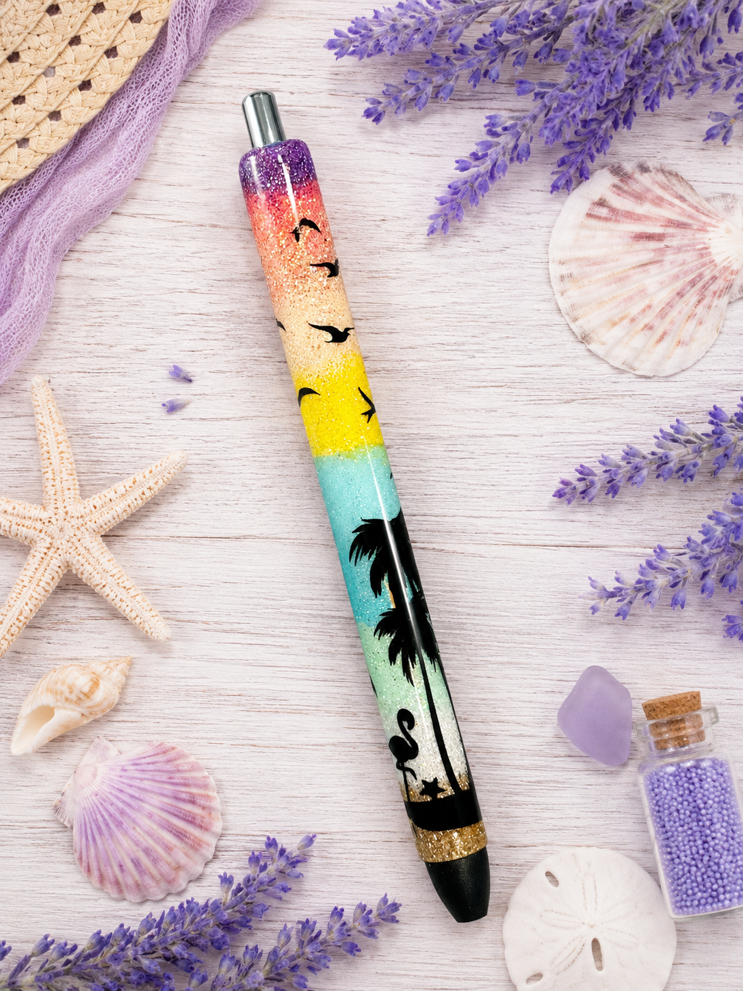 Custom Order Handmade Beach Sunset Scene Glitter Pen with free refill