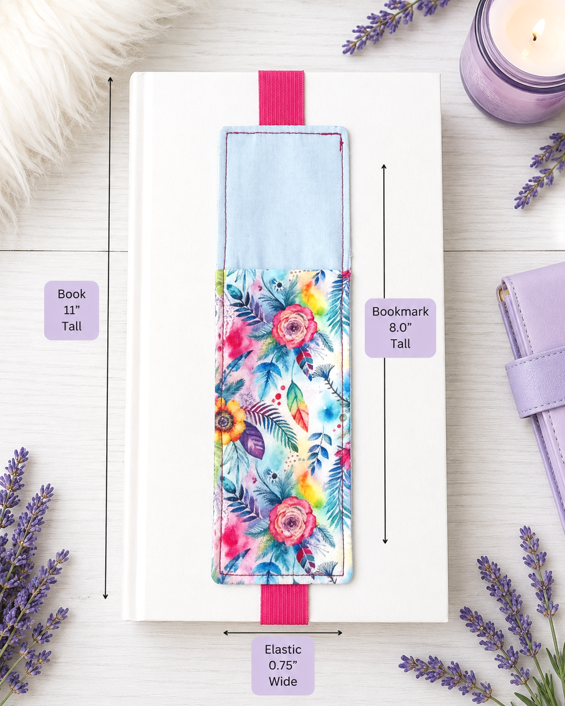 Handsewn Neon Flowers Fabric Bookmark with Accessory Pocket