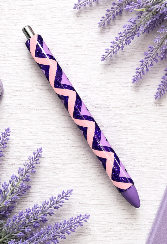 Handmade Pink and Purple Zig Zag glitter pen with free refill