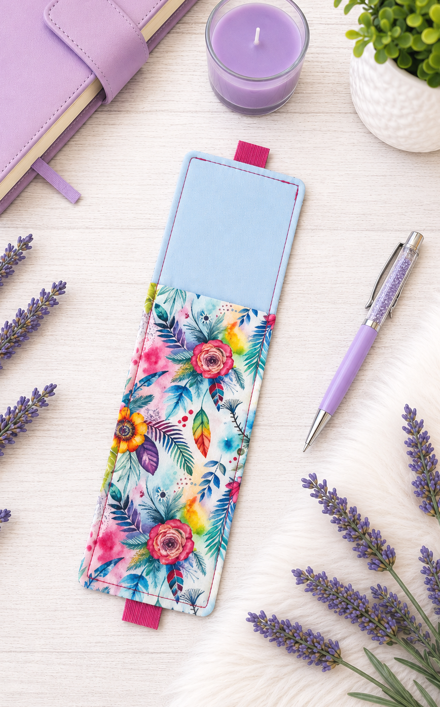 Handsewn Neon Flowers Fabric Bookmark with Accessory Pocket