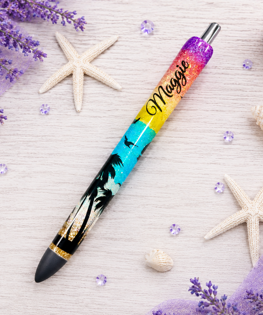 Custom Order Handmade Beach Sunset Scene Glitter Pen with free refill