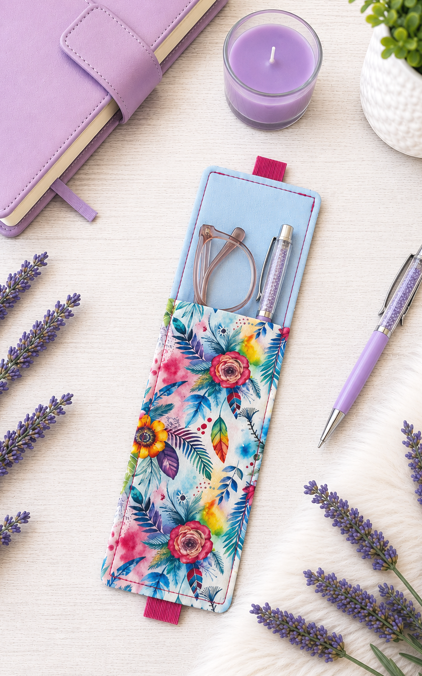 Handsewn Neon Flowers Fabric Bookmark with Accessory Pocket