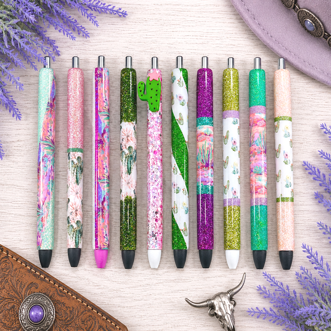 Handmade Blooming Watercolor Cactus on peach glitter pen with free refill