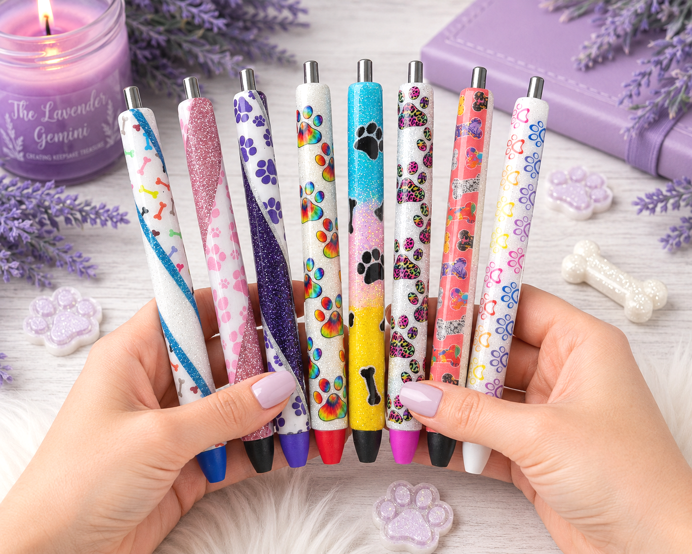 Handmade Dog Paws on Purple glitter pen with free refill